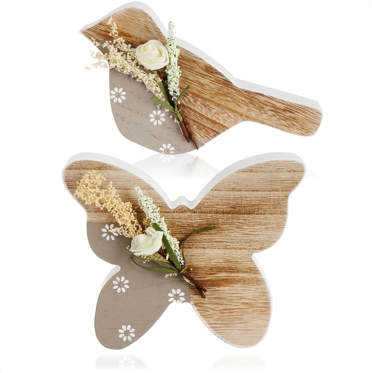 SnelShoppen - 2x Houten Decoratieve Figuren - Vlinder en Vogel - Voor Lente, Pasen en Zomer - Licht Hout - Voor Tafel, Vensterbank en Dressoir