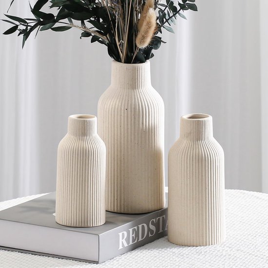 SnelShoppen - Bohemian Beige Keramische Vaas Set van 3 - Minimalistisch Design voor Pampasgras, Woonkamer, Mantel, Boekenplank en Entree Decoratie