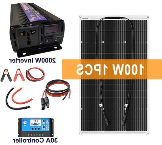 Zonnepanelen - Monokristallijne Zonnepaneel Kit - Flexibel - Zonne Energie - 100W - met Omvormer - Waterdichte - voor Camping, RV & Thuisgebruik, 12V Opladen met Batterij