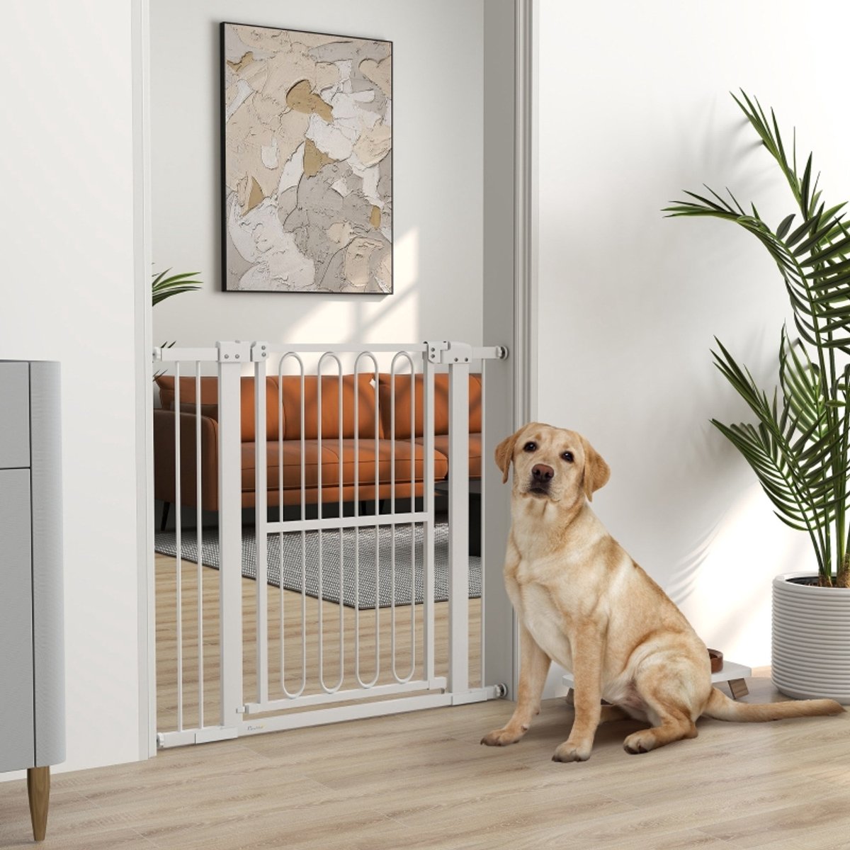 DESMIU Hondenhek – Verstelbare Breedte 76-104 cm – 94 cm Hoog – Staal en Kunststof – Wit – Zonder Boren of Boren – Dubbele Sluiting