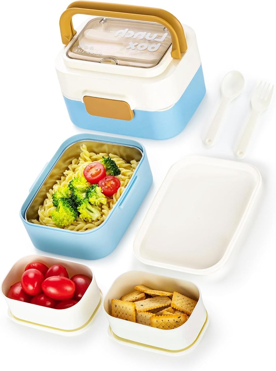 SnelShoppen - Stalen Bento Lunch Box 61oz - Stapelbare Lunchdoos met 2 Lagen voor Volwassenen - Inclusief Bestek - Blauw - Ideaal voor Werk, School, P