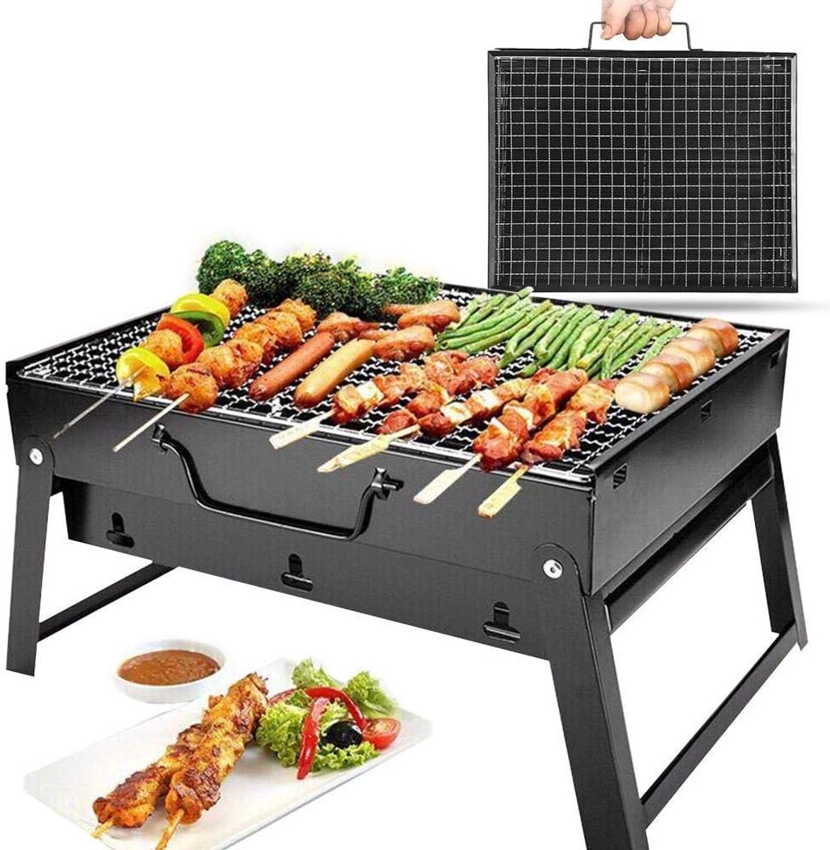 SnelShoppen - Draagbare Houtskoolbarbecue 35 x 27 cm | Opvouwbare Roestvrijstalen Grill voor Kamperen, Wandelen, Picknicken, Tuin, Buiten Koken