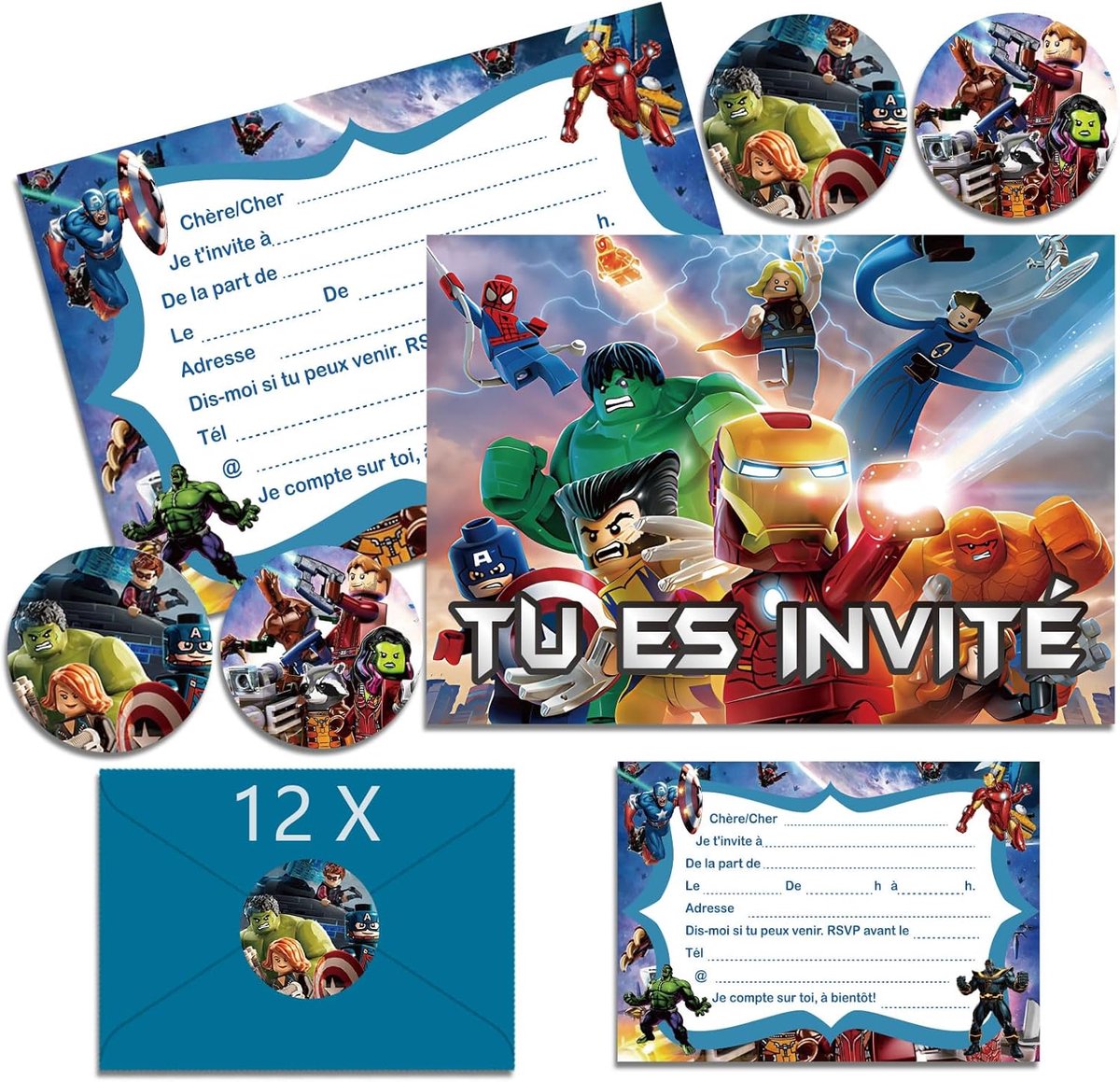 SnelShoppen - 12 x Kinderfeest Uitnodigingen met Franse Enveloppen, A6 Formaat, Thema Party, Uitnodigingskaarten voor Jongens en Meisjes, Perfect voor