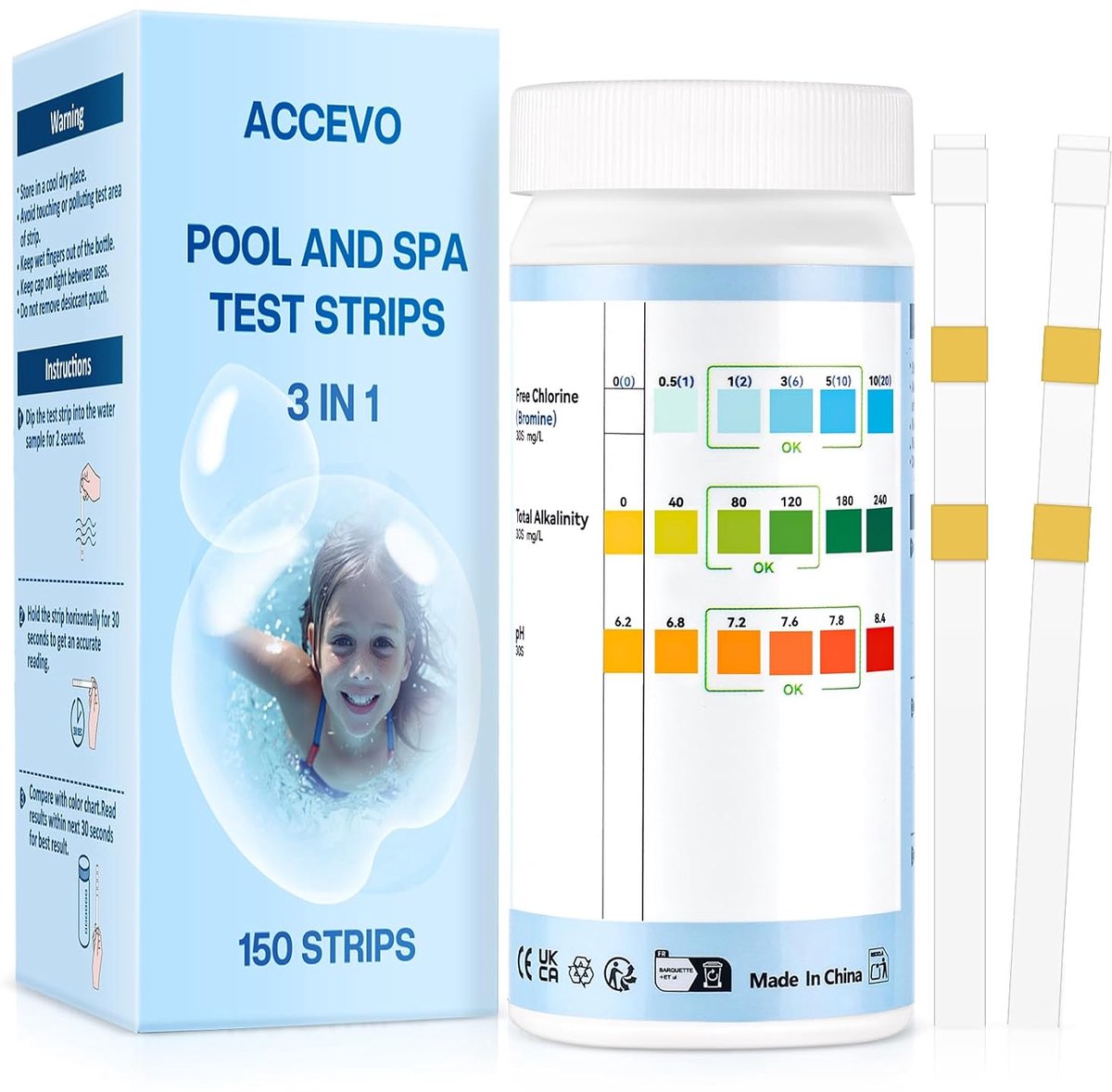 SnelShoppen - Hot Tub Test Strips 3 in 1 - Zwembad Water Testset voor Chloor/Bromine, pH en Alkaliteit, 150 Strips voor Zwembaden en Spa's