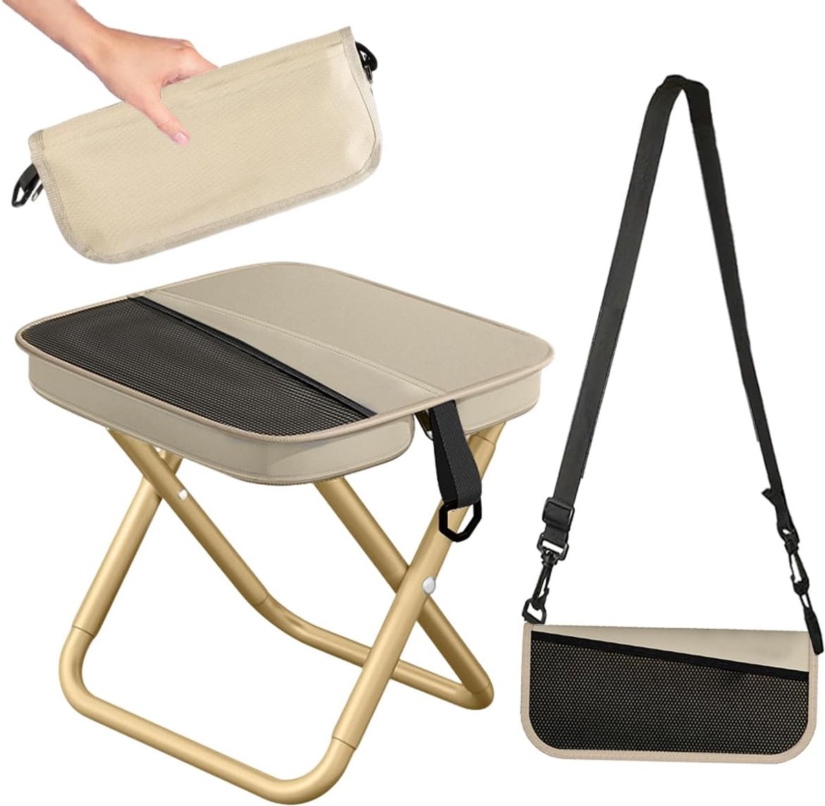 SnelShoppen - Draagbare Klapkruk Buiten - Mini Campingkruk Kaki - Opvouwbare Stoel met Net en Riem - Waterdicht, Roestvrij, Voor Kamperen, Wandelen en