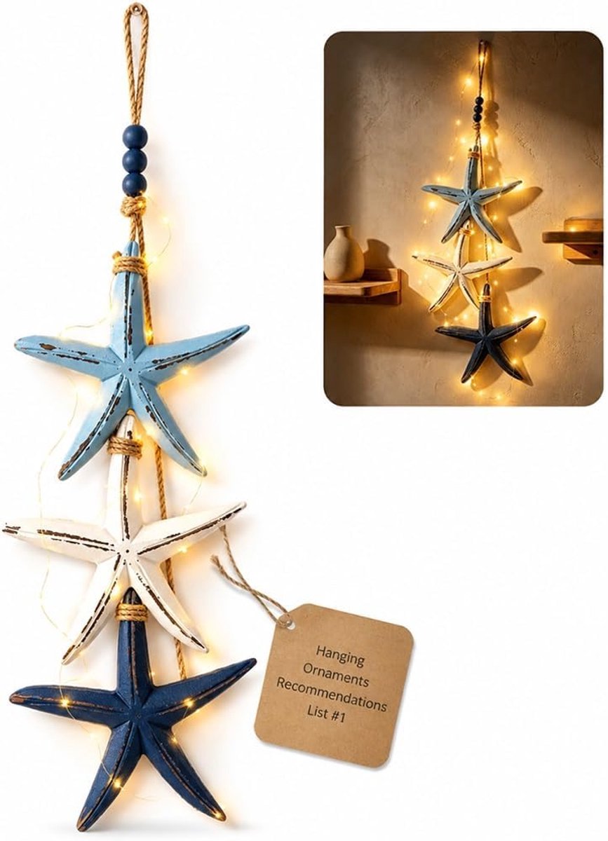 Houten Zeester Wanddecoratie met LED - Zeester Hanger - Sfeervolle Maritieme Hangende Decoratie voor Voordeur & Muur - Strand/Zee Thema - Wandhanger - Warme Verlichting - 1 Stuks - SOLLBRY®
