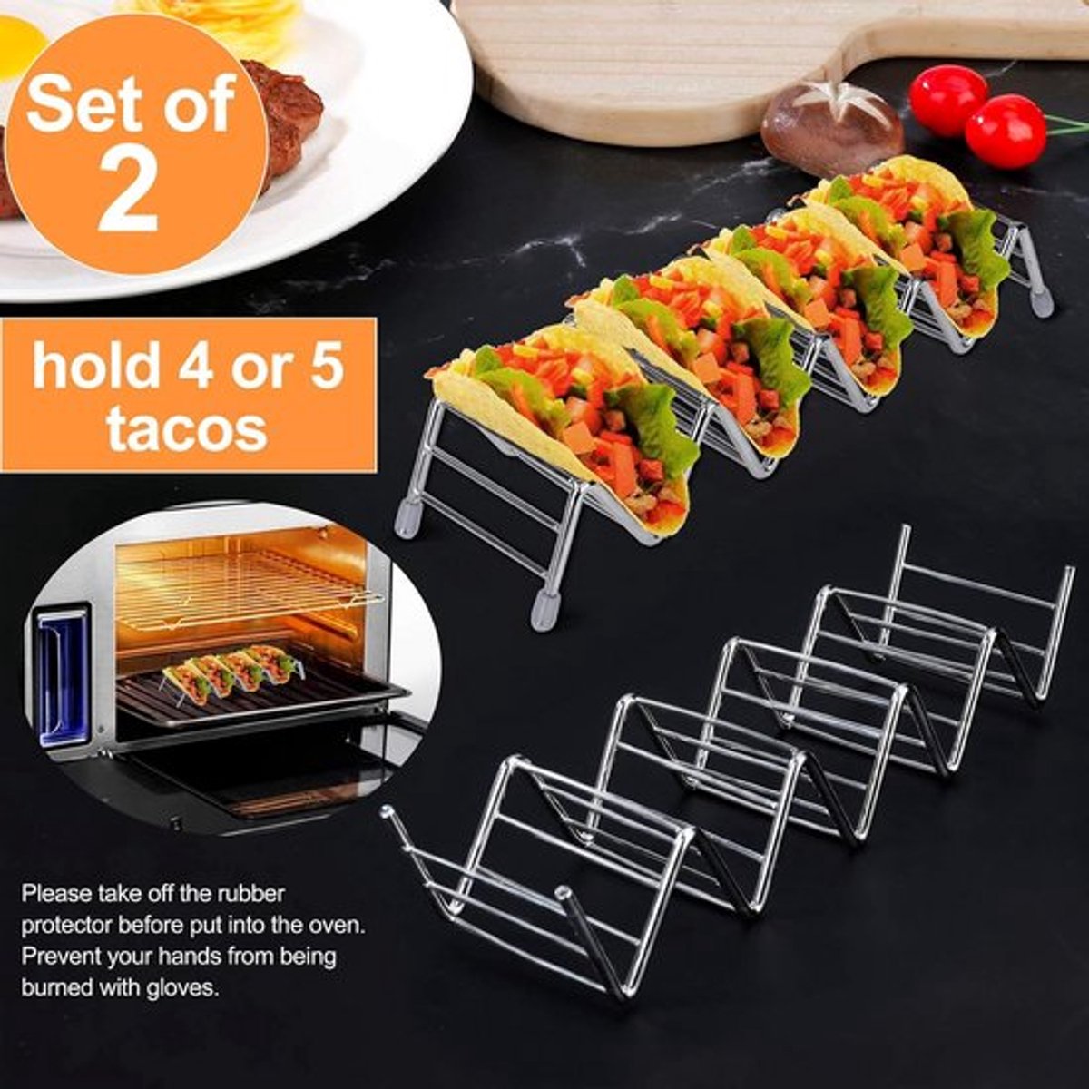 Taco Houder - 2 Stuks - Taco en tortilla houder voor 4 stuks - voor Zachte & Harde Schelpen - Taco Stand Rack Wave Vorm Roestvrij Staal - voor Holding Hot Dog Sandwich Brood Burrito's