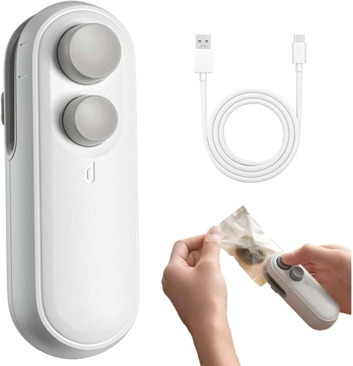 Mini-sealmachine met snijder en magneet, verbeterde handbediende sealmachine voor chipszakken (model 2026), 2-in-1 mini-sealmachine voor snackzakjes, draagbaar hitteverzegelingsgereedschap, keukengadget (wit).