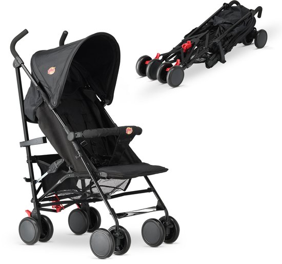 Zwarte Jinbei buggy, met opgevouwen buggy ernaast.