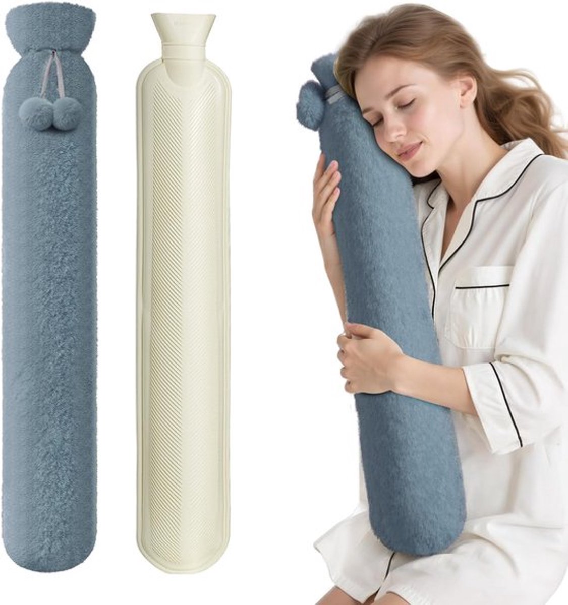 1 Stuk Extra Lang Kruik - Fluffy Hoofdkussen Kruik - Lekdicht en Geurloos - Verwarmend Nek- en Schouderkussen - Pluizige Kruik met Hoes - Verwarmingskussen - 76 cm（Grijs ）
