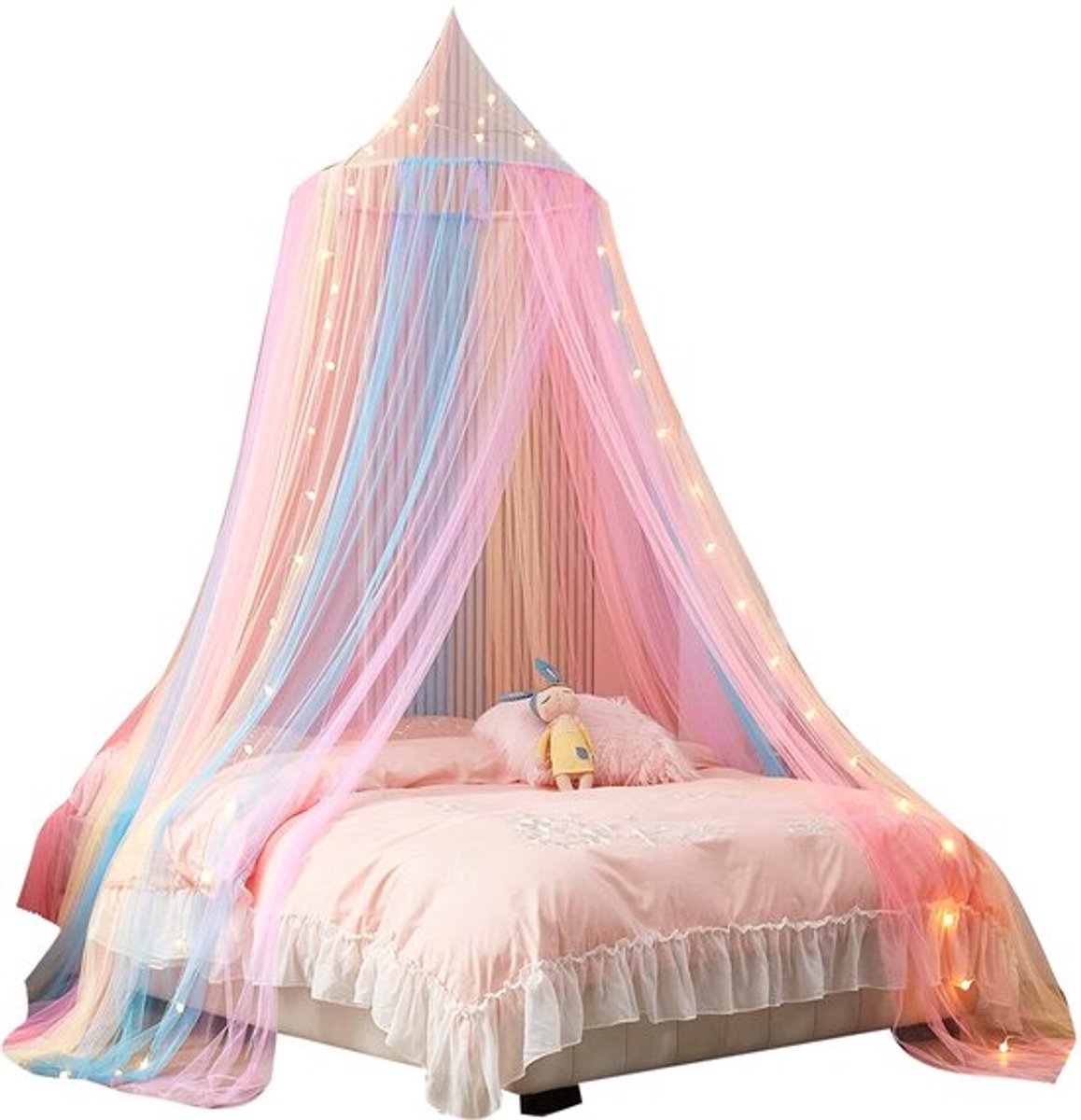 Klamboe - Regenboog hemelbedgordijn - Koepel klamboe bedtent - Met lichtsnoer - 60 x 250 cm - Verduisteringsgordijn - Meisjes klamboe bedhemel - Extra groot - Hangt aan het plafond - Regenboogkleuren