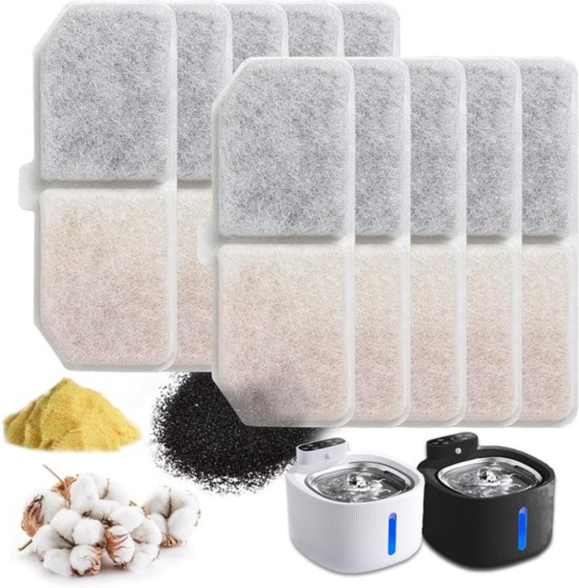 12-pack Kattenfonteinfilter voor katten en honden - hars-geactiveerde koolstof - past op een fontein van 2 tot 2,5 liter (vierkant, wit)