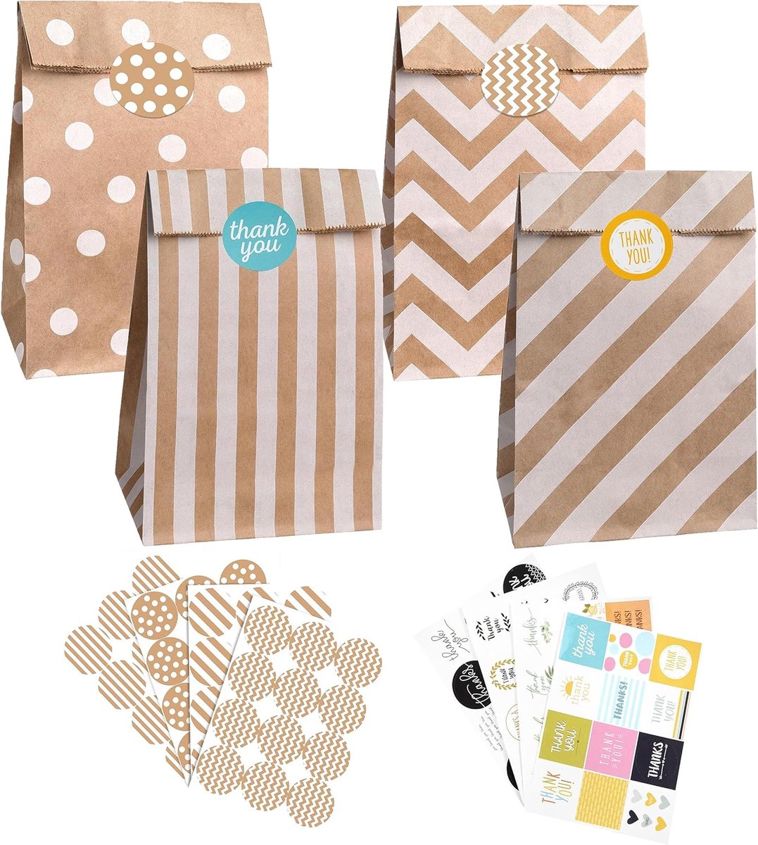 SnelShoppen - Papieren Zakjes Bruin 40 Stuks Kraftpapier Cadeauzakjes met 96 Stickers voor Verpakkingen Geschenken Kinderverjaardag Bruiloften en Wegg