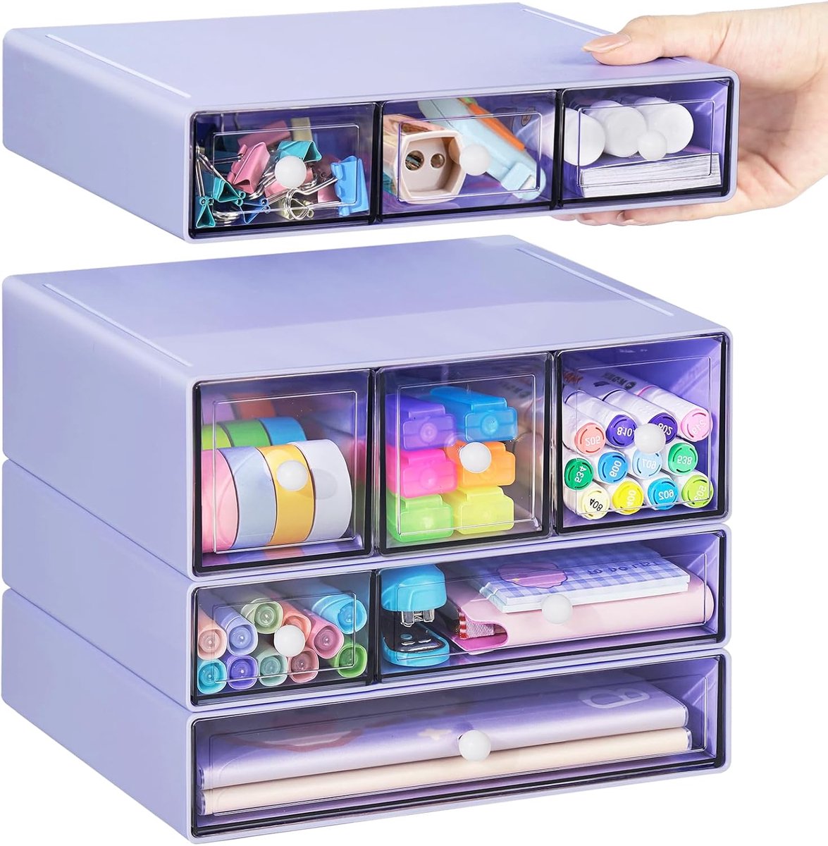 Thijox - Bureau Aufbewahrungsbox met 9 Laden, 4-Laags Stapelbare Opberglade, Heldere Organiser voor Kantoorartikelen, Make-up en Sieraden, Paars
