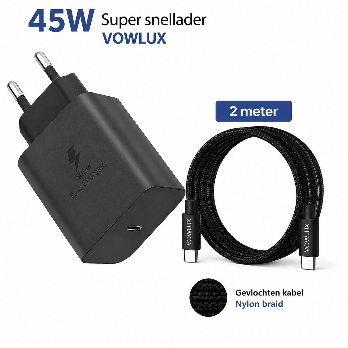 45W Super Snellader Set + USB-C naar USB-C Kabel 2M – 60W Extra Stevig Gevlochten - Adapter Set - Slimme USB C Oplader - Zwart - Ondersteunt AFC PPS Geschikt voor Samsung Super Fast Charging Afhankelijk van het model