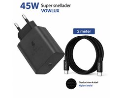 Kit chargeur ultra rapide 45W + câble USB-C vers USB-C 2M – 60W tressé extra robuste - Kit adaptateur - Chargeur USB C - Noir - Convient pour téléphone, tablette, ordinateur portable avec connexion USB C