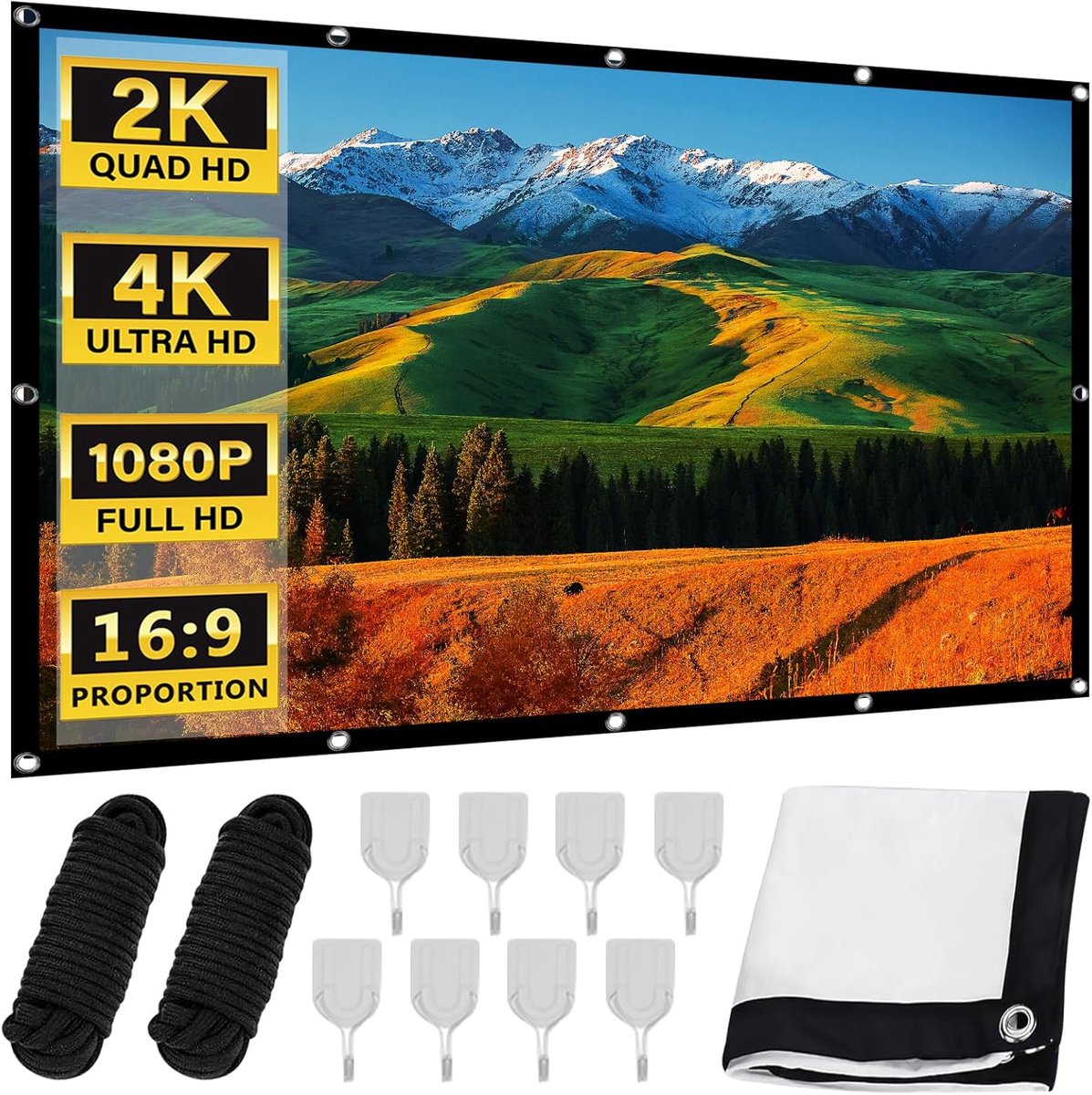 SnelShoppen - 100 Inch Projector Scherm - 16:9 HD 4K Projector Doek - Kreukvrij, Opvouwbaar, Wasbaar met Haken en Touwen voor Thuis, Kantoor, School e