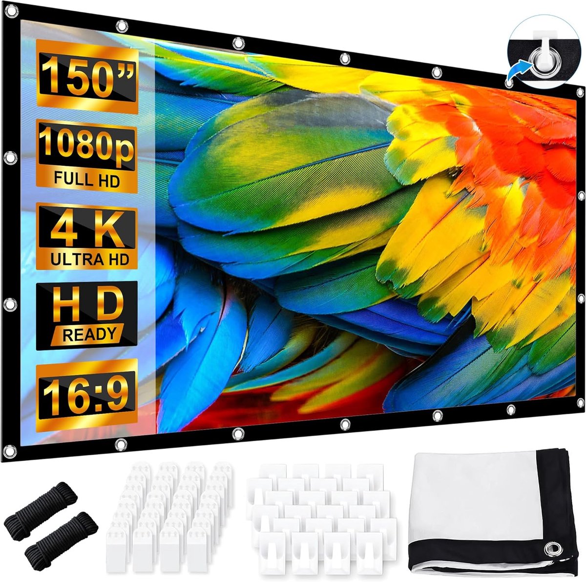 SnelShoppen - Projectiescherm 150 Inch, Vouwbaar HD 4K Outdoor Projectiescherm 16:9, Antivouw Film, 336 x 190 cm, Dubbelzijdig voor Camping en Thuisbi