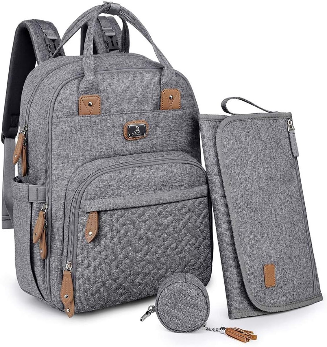 SnelShoppen - Grote Rugzak voor Baby's met Verschoonmat, Fopspeenhouder, Pram Straps, 18 Vakken, Grijs - Handig voor Ouders op Reis, Uitstapjes, en Da
