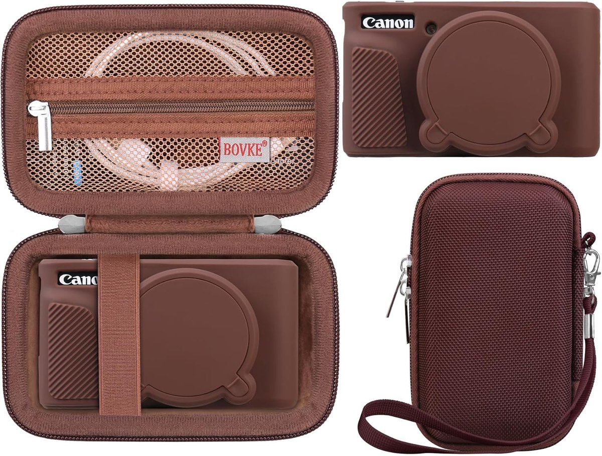 SnelShoppen - Harde Case & Silicone Cover voor Digitale Camera, Schokbestendige EVA Opslagtas, Zacht Silicone Bescherming, Bruin, Voor Canon PowerShot