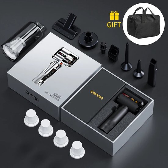 Draadloze stofzuiger set met diverse opzetstukken, filters, een opbergtas en een zilverkleurige en zwarte stofzuiger.