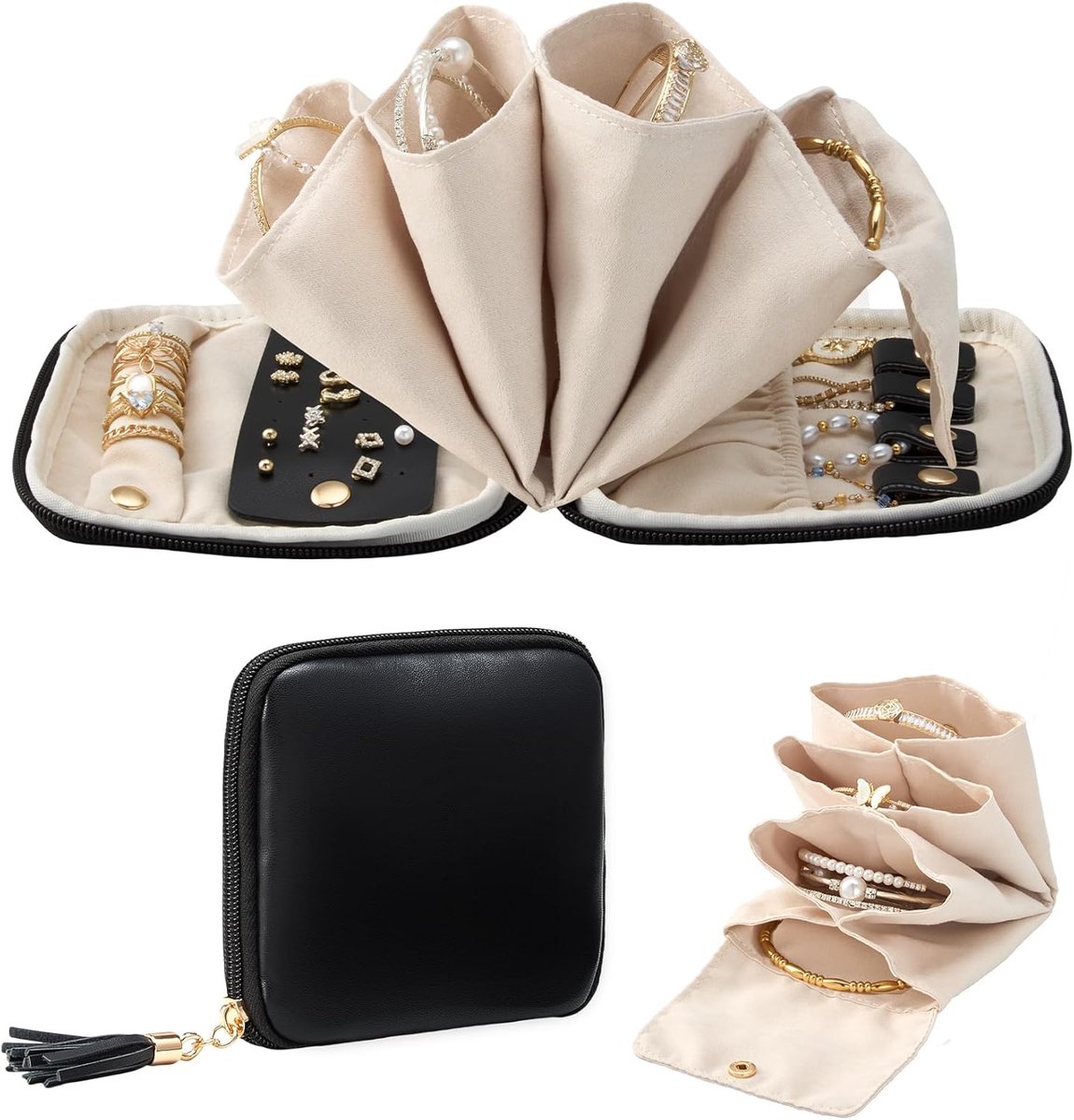SnelShoppen - Luxe Sieraden Reisset - Juwelen Organizer met Compartimenten - Zachte Fluwelen Pouch voor Reis - Bruin - Ideaal voor Oorbellen, Kettinge