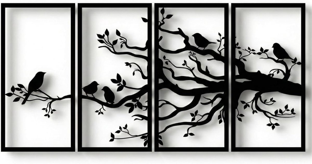 Metalen muurkunst - Levensboom decoratie - Woonkamer verfraaien - 3D zweefeffect - 120 x 60 cm - Mat zwart