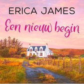Boek 'Een nieuw begin' van Erica James. Een huis met blauwe luiken in een landschap bij zonsondergang.