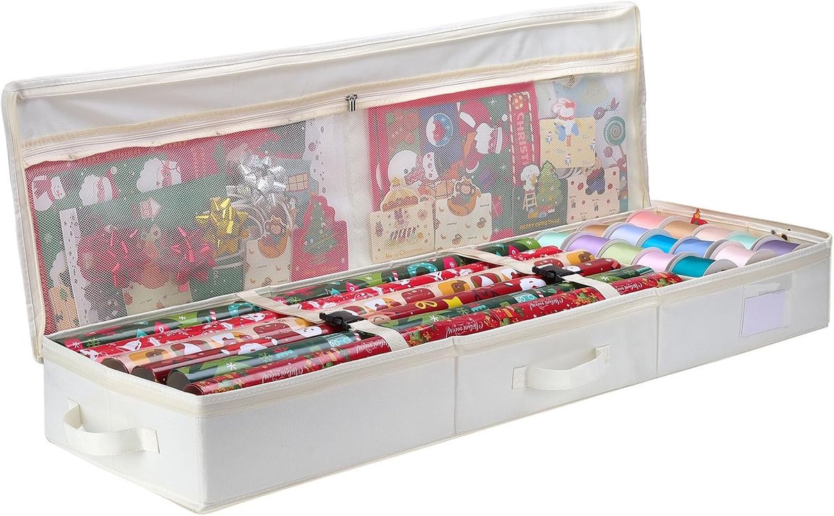 SnelShoppen - Opbergtas voor Cadeaupapier met Vakken en Linten, Waterdichte 600D Oxford-stof - 102 x 30 x 12 cm - Beige voor Feesten, Verjaardagen en