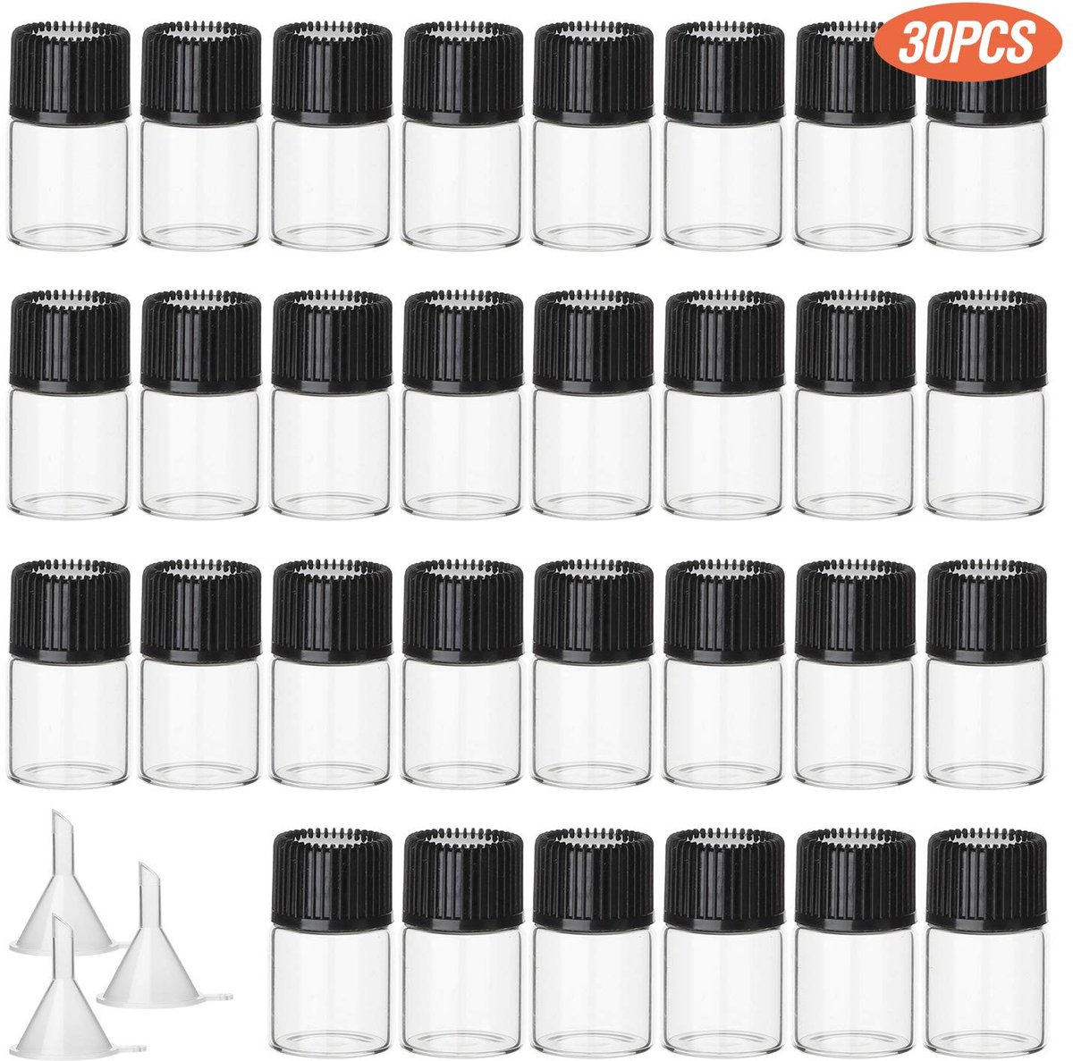 SnelShoppen - Set van 30 Transparante Mini Glazen Flessen 2 ml met 3 Mini Trechters - Perfect voor Cosmetica, Etherische Oliën, Parfums, Knutselen en