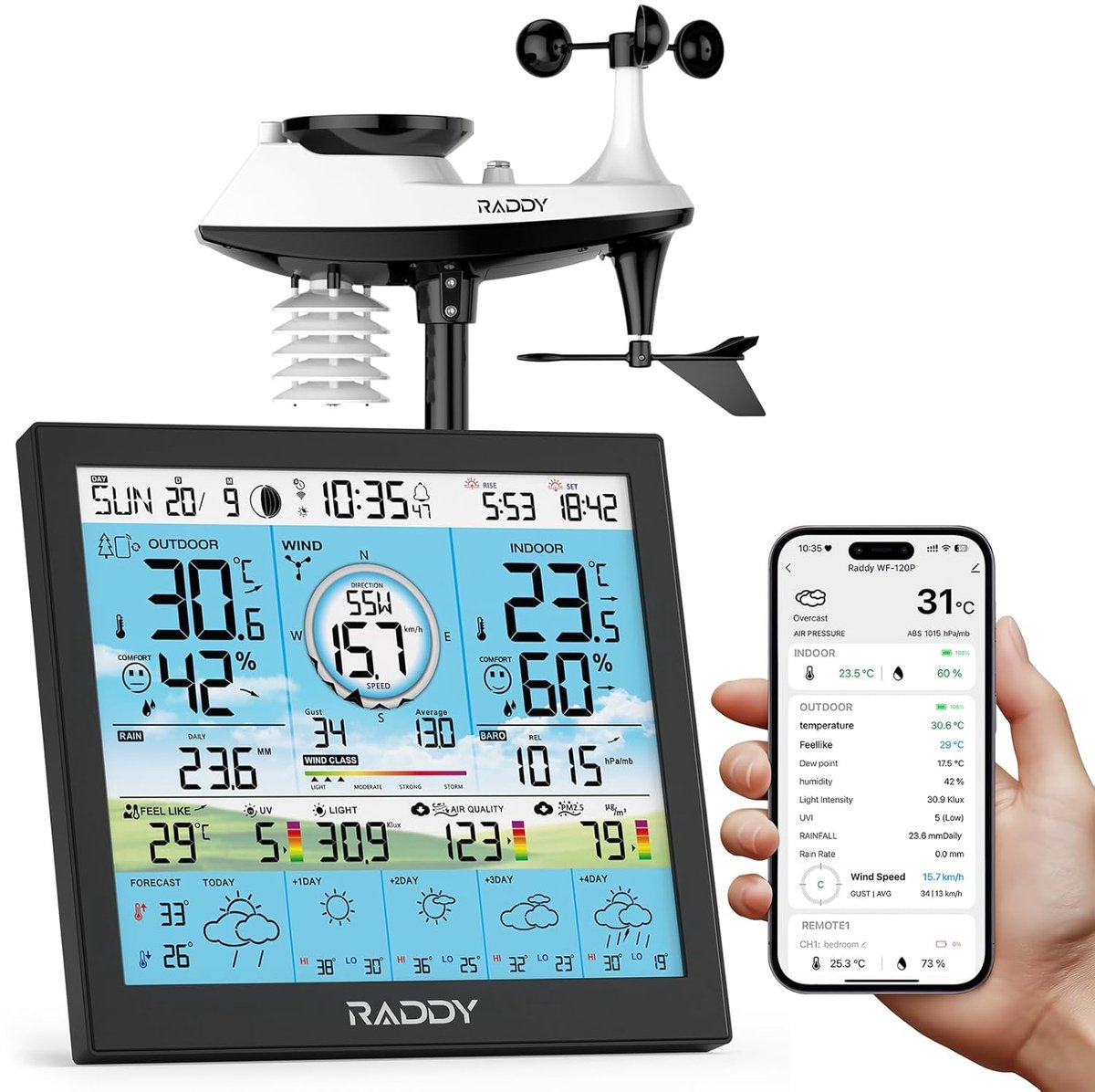SnelShoppen - Professioneel Wi-Fi Weerstation met 10" HTN-display, app-bediening, 7-in-1 buitensensor, temperatuur, luchtvochtigheid, UV-index, PM2.5