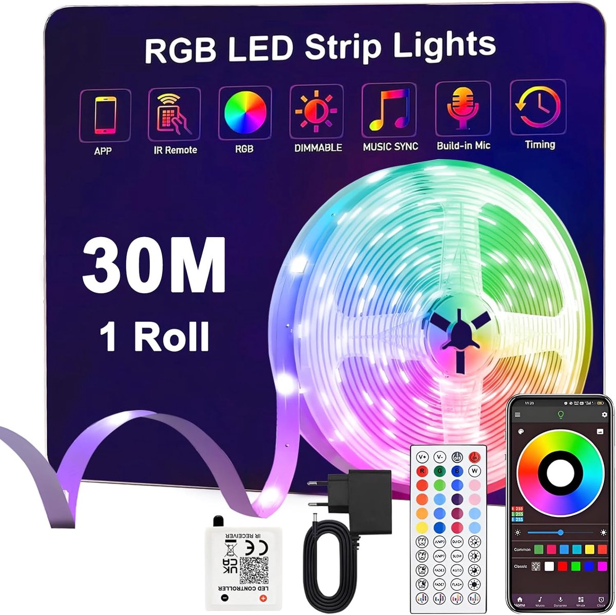 SnelShoppen - Ledstrip 30m RGB Kleurverandering met Bluetooth App en Afstandsbediening - Dimbaar, Muzieksynchronisatie, Timing voor Woondecoratie, Sla