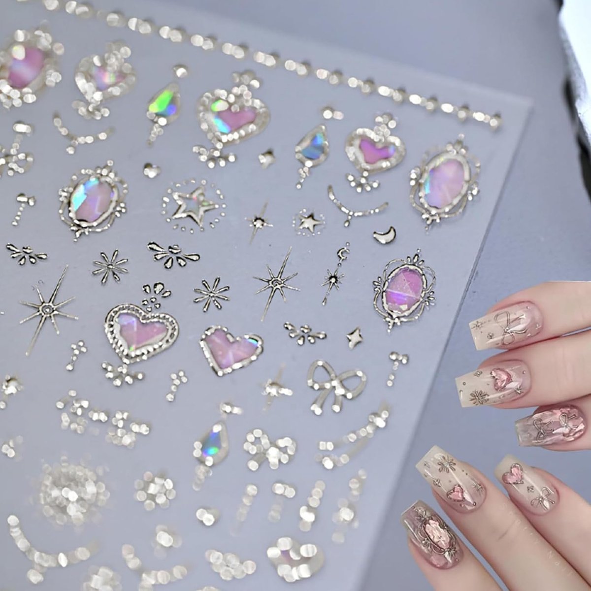 SnelShoppen - Nail Sticker Gold Nageldesign, 1 Sweet Princess Zilveren Reliëf, 3D Nagelsticker met Edelsteen voor DIY Manicure, Perfect voor Feest en