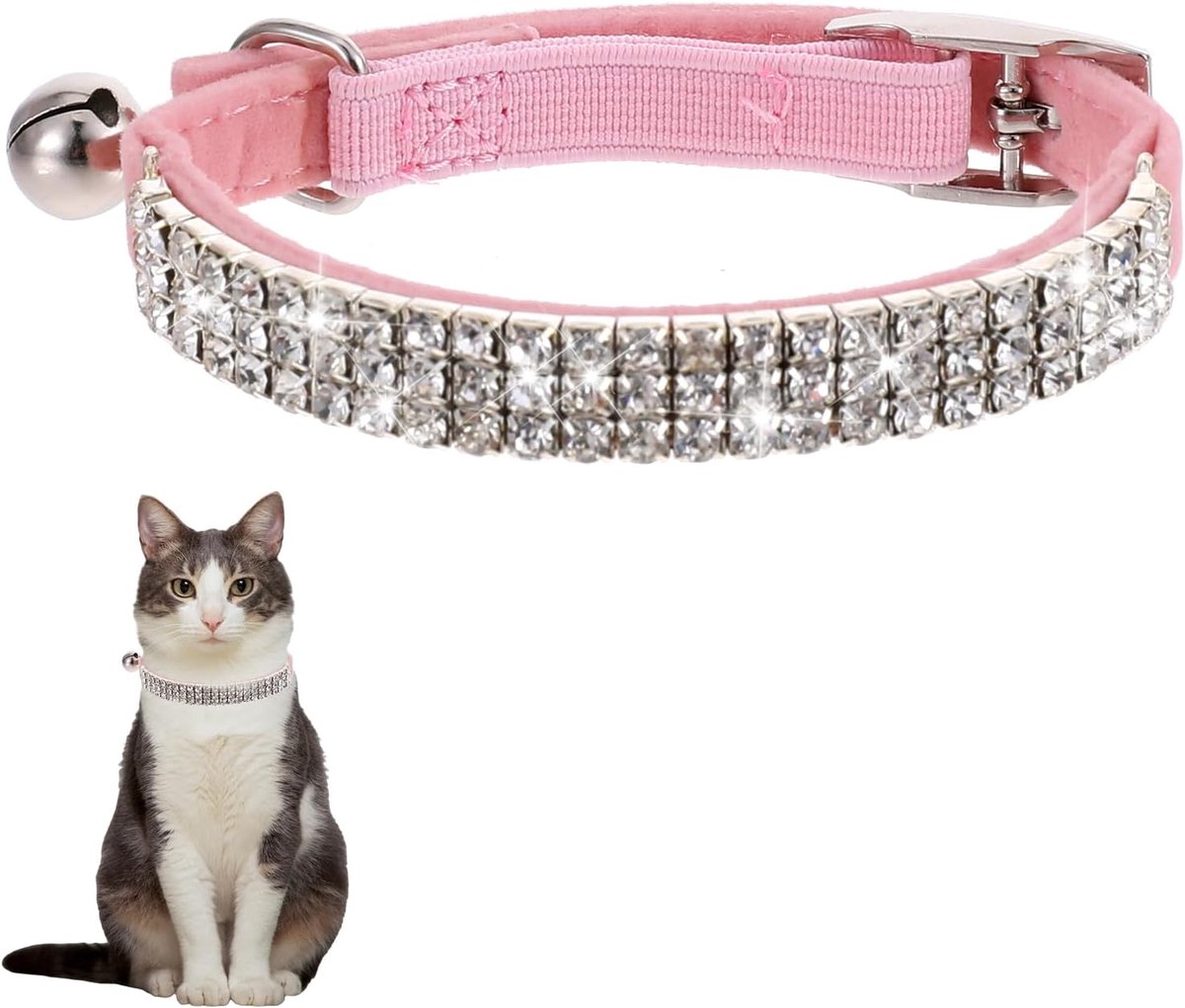 SnelShoppen - Zachte kattenhalsband met bellen, steentjes en diamanten voor kleine honden en katten - Roze polyester halsband 29x1,5 cm - Perfect voor