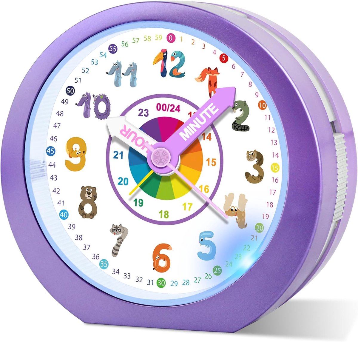 SnelShoppen - Kinderwekker Meisjes Jongens - Stil Analoog Leerwekkertje met Nachtlampje en Snooze-functie voor de Kinderkamer - Paars