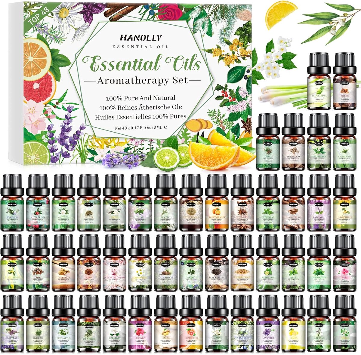 SnelShoppen - Etherische Oliën Set 48 x 5ML, Aromatherapie Diffuser Oliën voor Luchtbevochtiger, Huisparfums, Natuurlijk Geur, Ontspanning, Wellness