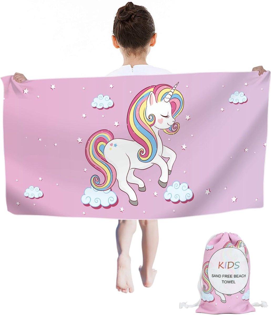 SnelShoppen - Unicorn Strandhanddoek voor Kinderen, 60 x 120 cm, Sneldrogend Microvezel, Zandvrij, Ideaal voor Zwemmen, Camping en Vakantie (Paars)