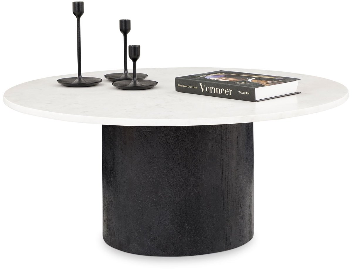 GANGA salontafel, rond, 80 cm, met marmeren tafelblad – wit/zwart