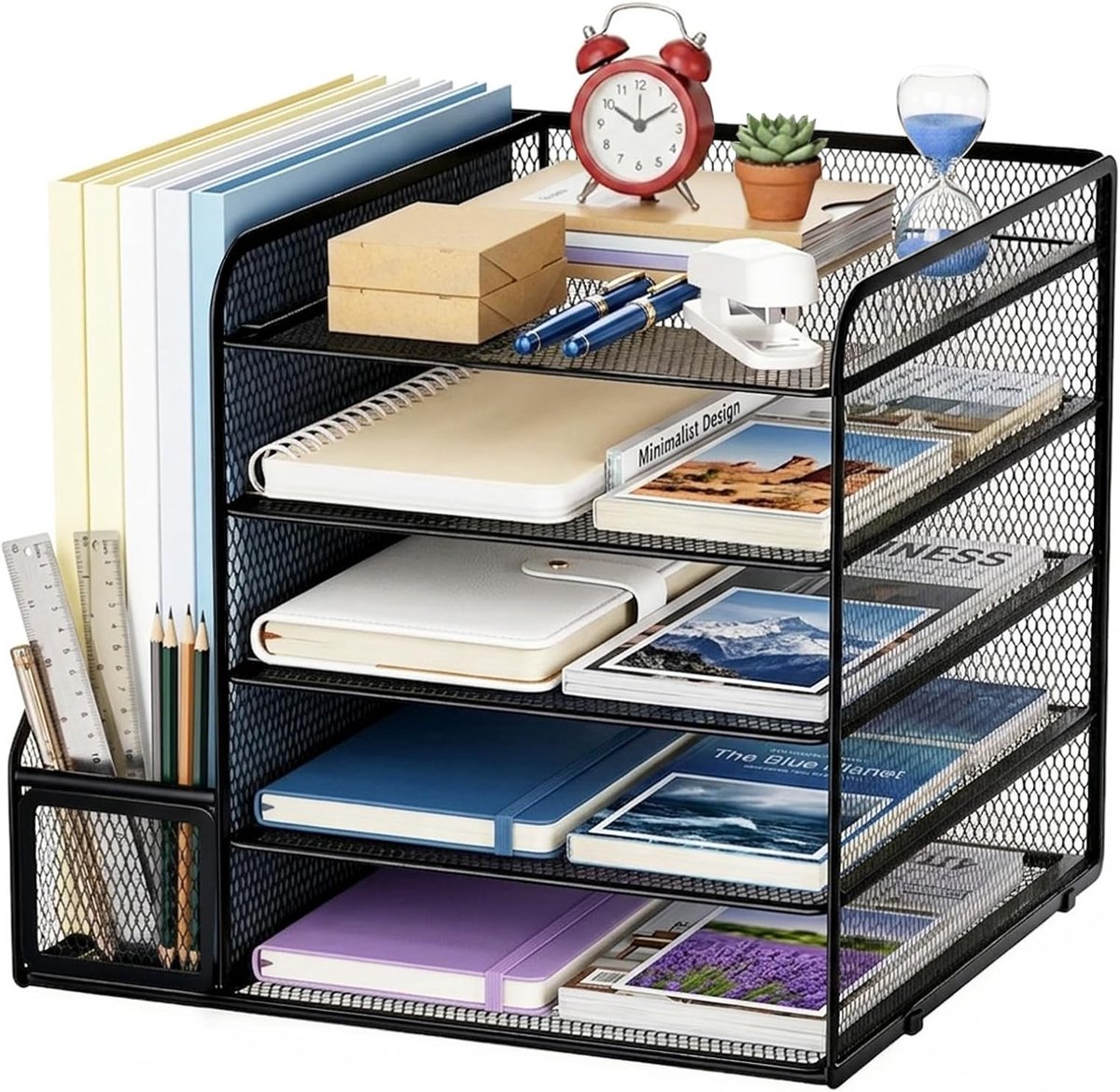 SnelShoppen - Mesh Desk Organizer met 5 Lagen, Non-slip Kantoortoebehoren, Organizer met Lades voor Kantoorbenodigdheden en Documenten (Zwart)