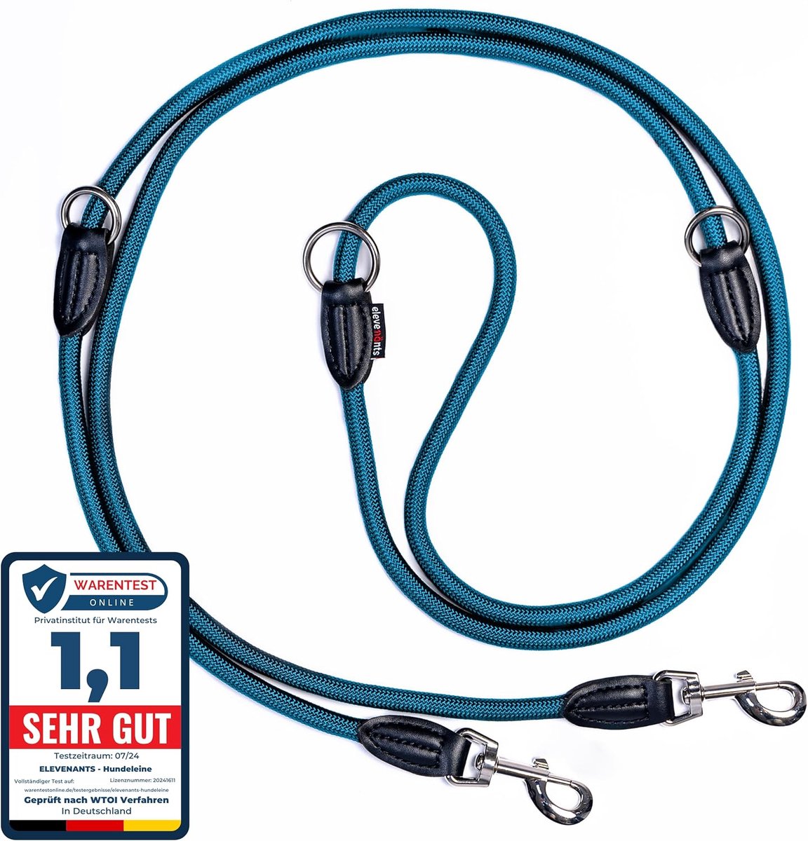 SnelShoppen - Verstelbare Hondenlijn 3 m | Robuuste Nylon Leash voor Middelgrote tot Grote Honden | Dubbele Leash met 2 Karabiners (Blauw) | 200 kg Tr