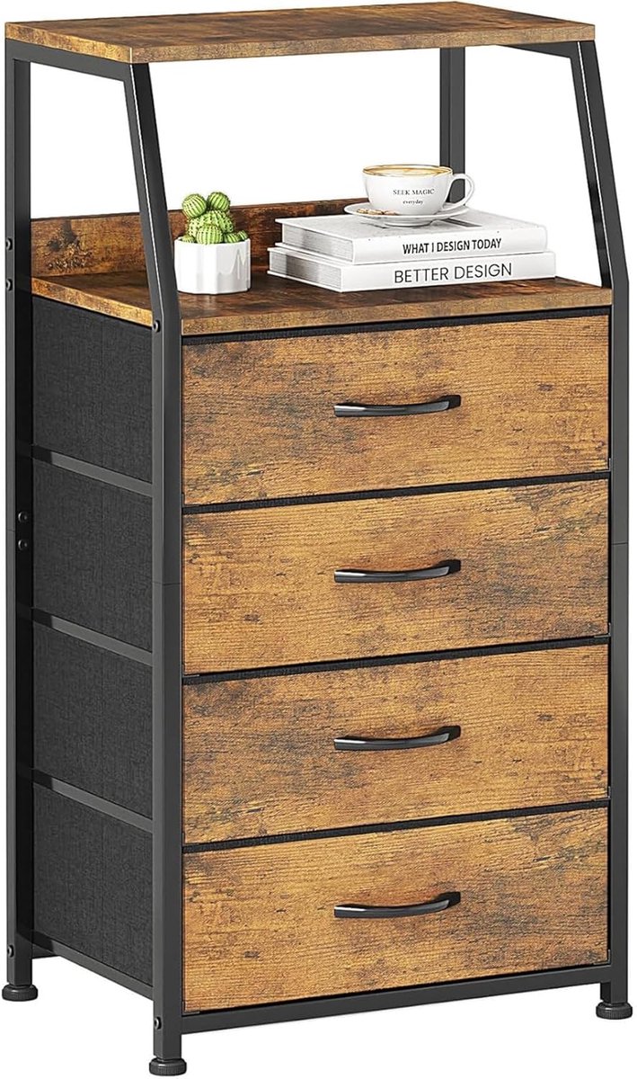 SnelShoppen - Chest of drawers met 4 lades, nachtkastje, zijtafel, 2-laags houten plank, stof ladekast voor slaapkamer, woonkamer, gang, rustiek bruin