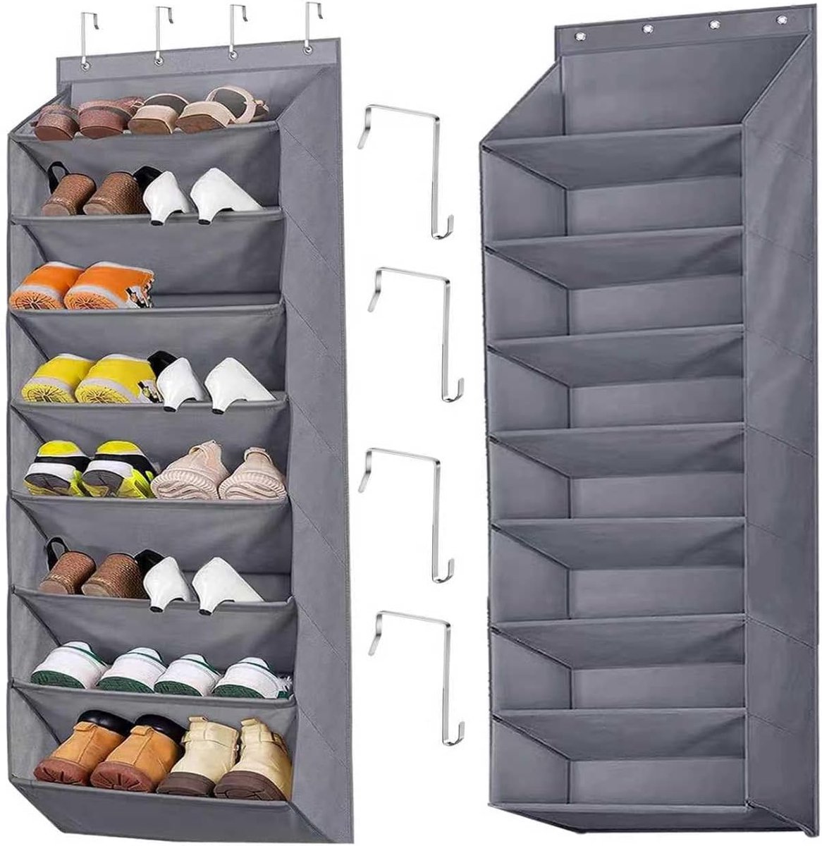 SnelShoppen - Hangend Schoenenrek voor Deur met 8 Diepe Vakken, Schoenenorganizer met Haken, Ruimtebesparende Schoenenopslag voor Kast en Slaapzaal