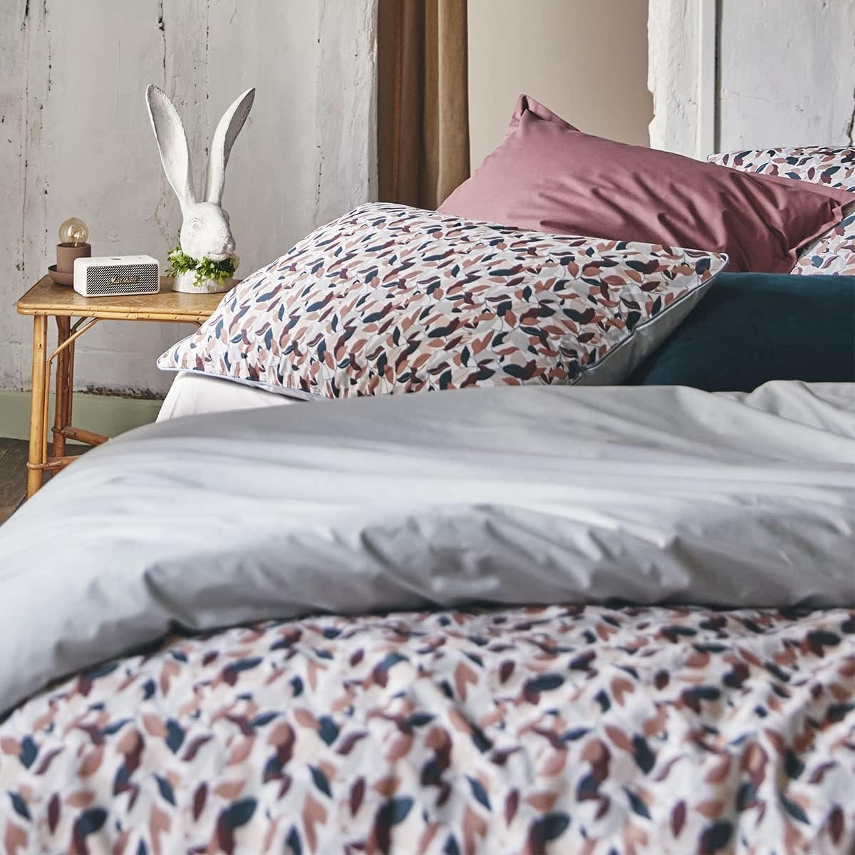 SnelShoppen - Duvet Cover 140 x 200 cm Percale Geprint, Zacht en Licht, Elegante Bladeren, Grijze Achterkant, Perfect voor Slaapkamer en Cozy Cocoon