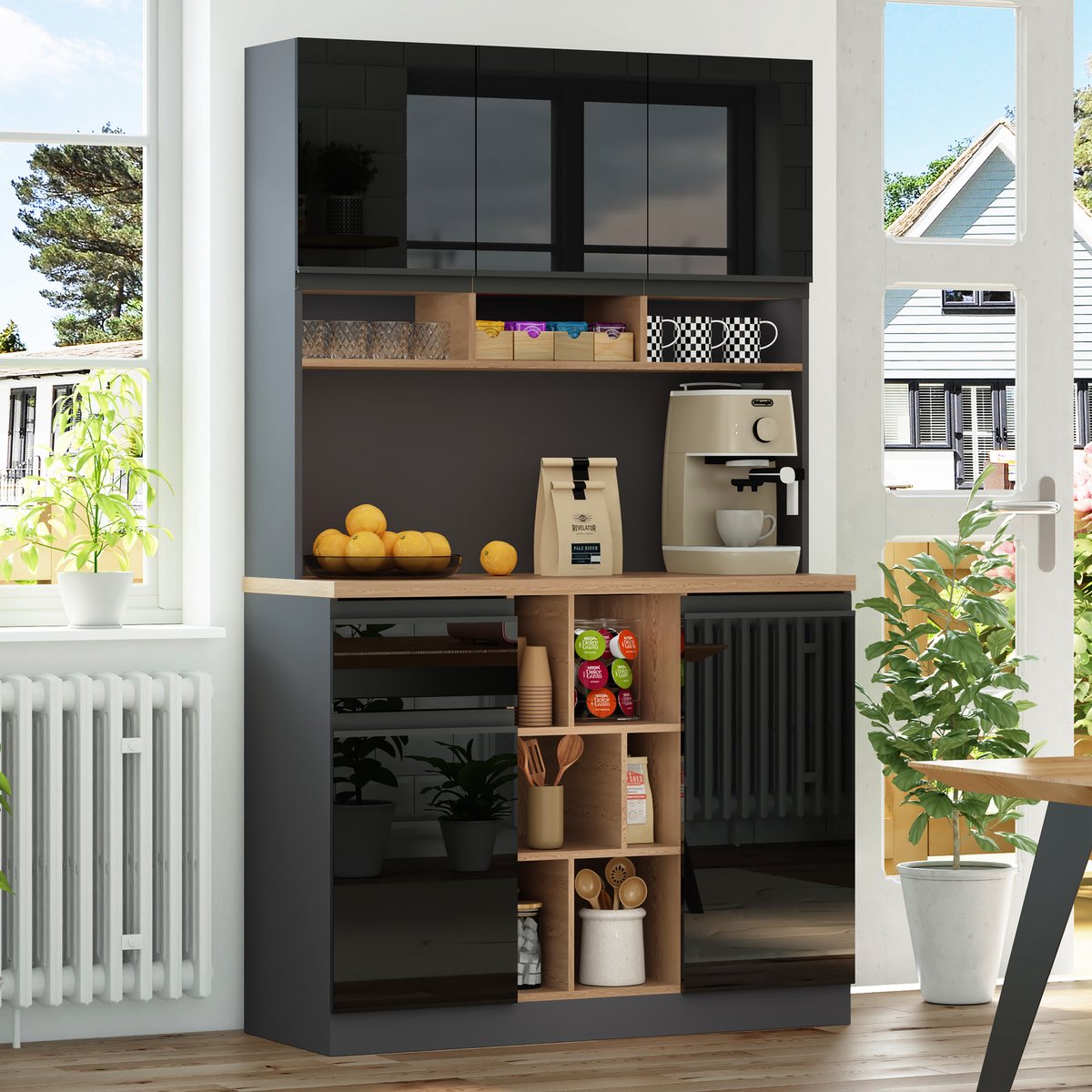 Wishdor - Keukenkast - 105x45x185 cm - open vakken, lade en verstelbare planken - modern - keuken en woonkamer - houtlook en hoogglans zwart