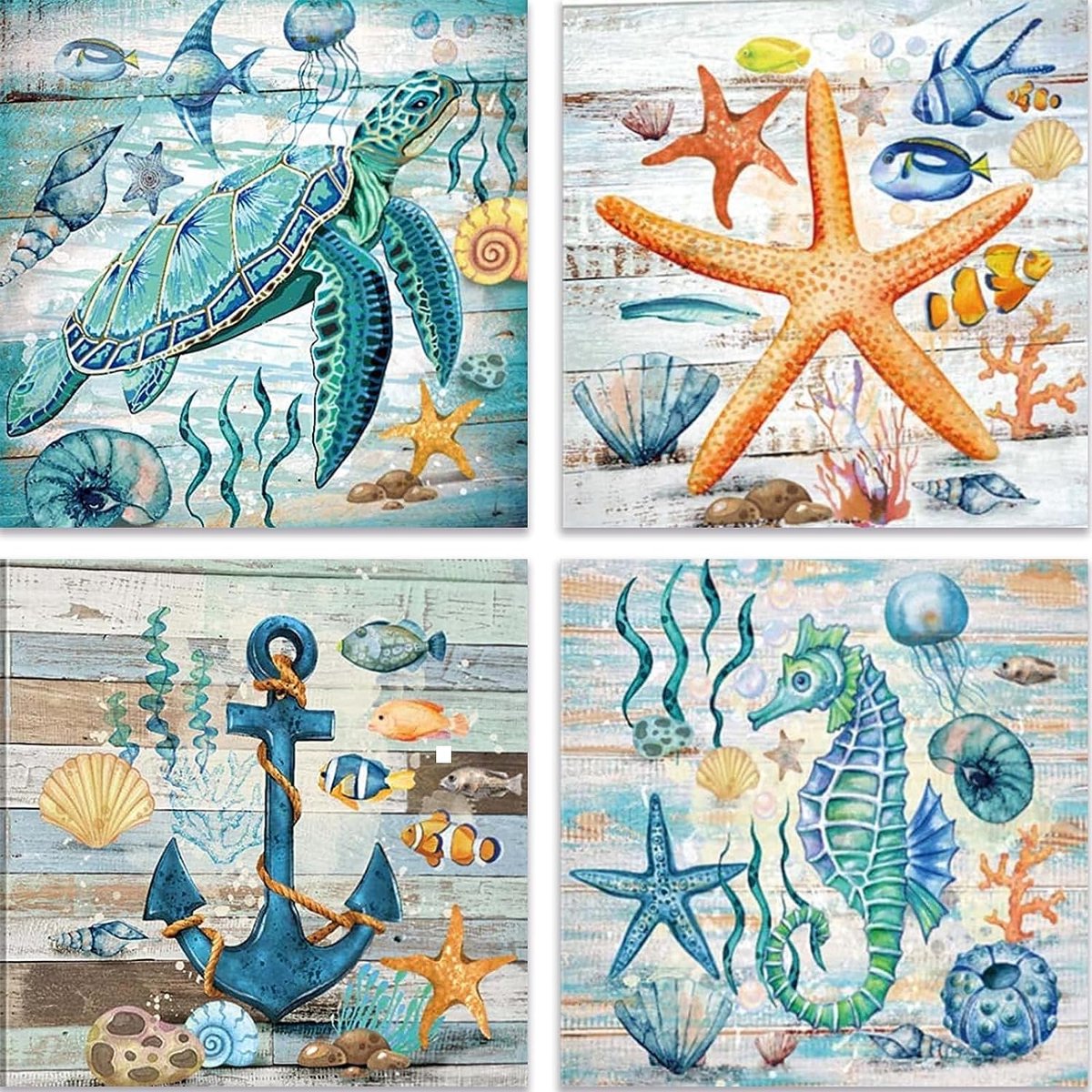 SnelShoppen - Schilderen op Nummer Set voor Volwassenen en Kinderen - 4-delige Kit met Zee, Dieren, Schildpadden en Sterrenbeelden - 30 x 30 cm Schild