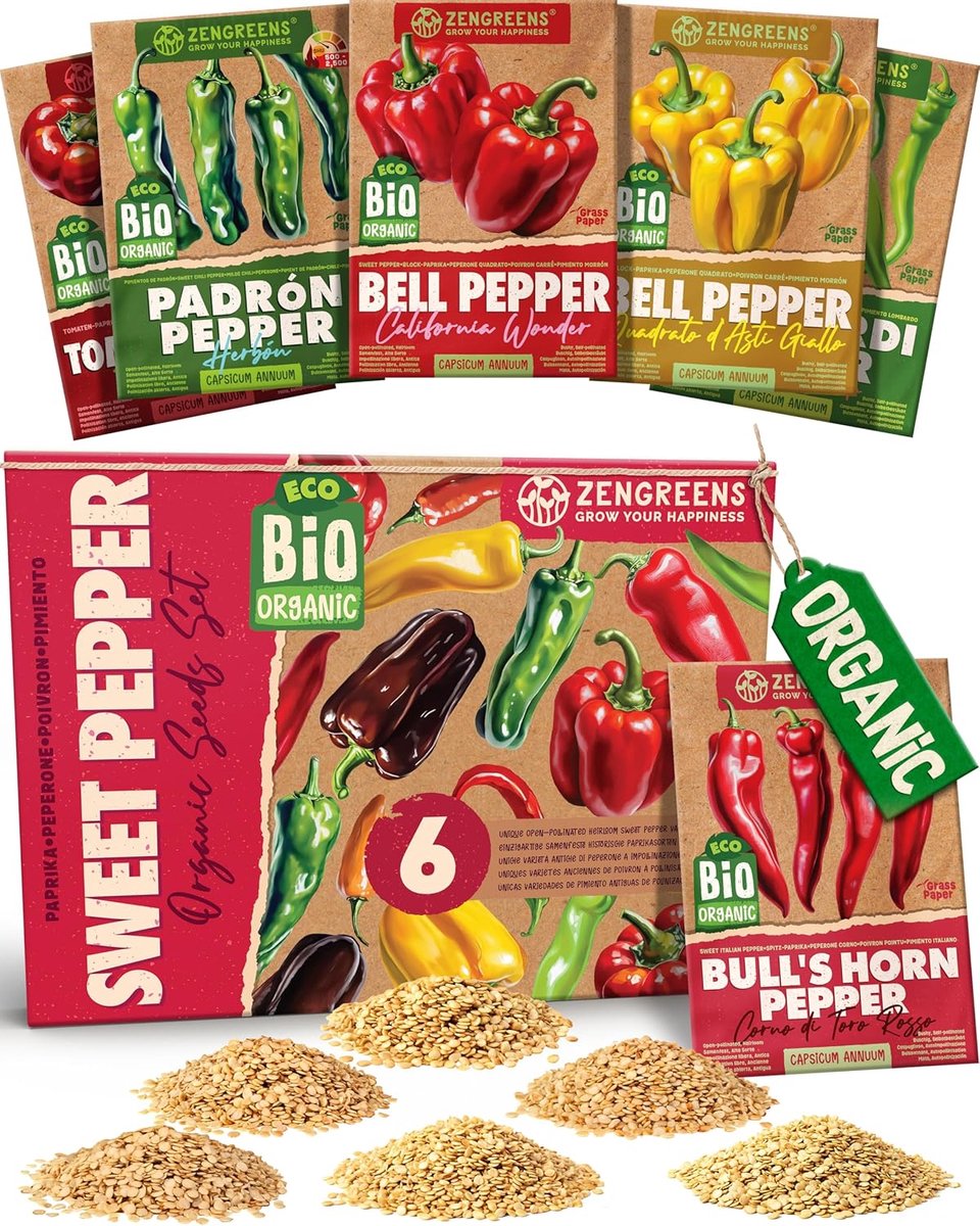 SnelShoppen - Biologische Paprika Zaden Set - 6 Stuks, Hoogwaardige Peper Variëteiten voor Tuin, Balkon, Groentetuin, Makkelijk Te Telen, Gezond en Pr