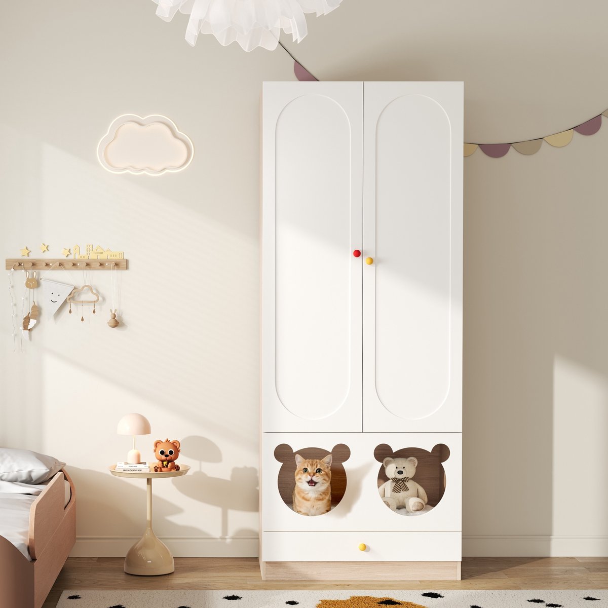 Kinderkledingkast met kattenbed - Met hangstang - Met kleurrijke keramische handgrepen - Geschikt voor slaapkamer - Gelakte panelen en spaanplaat - Wit en natuurlijke houtkleur, 80x50x200 cm