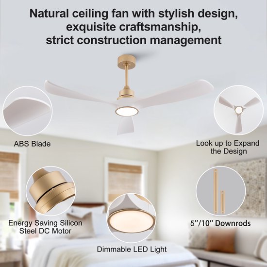 Plafondventilator Met Verlichting - LED Plafondventilator - Plafondventilator Met Afstandsbediening - 52 Inch ABS Bladen Wit-Goud - Reversibele DC Motor - Geheugenfunctie — afbeelding 4