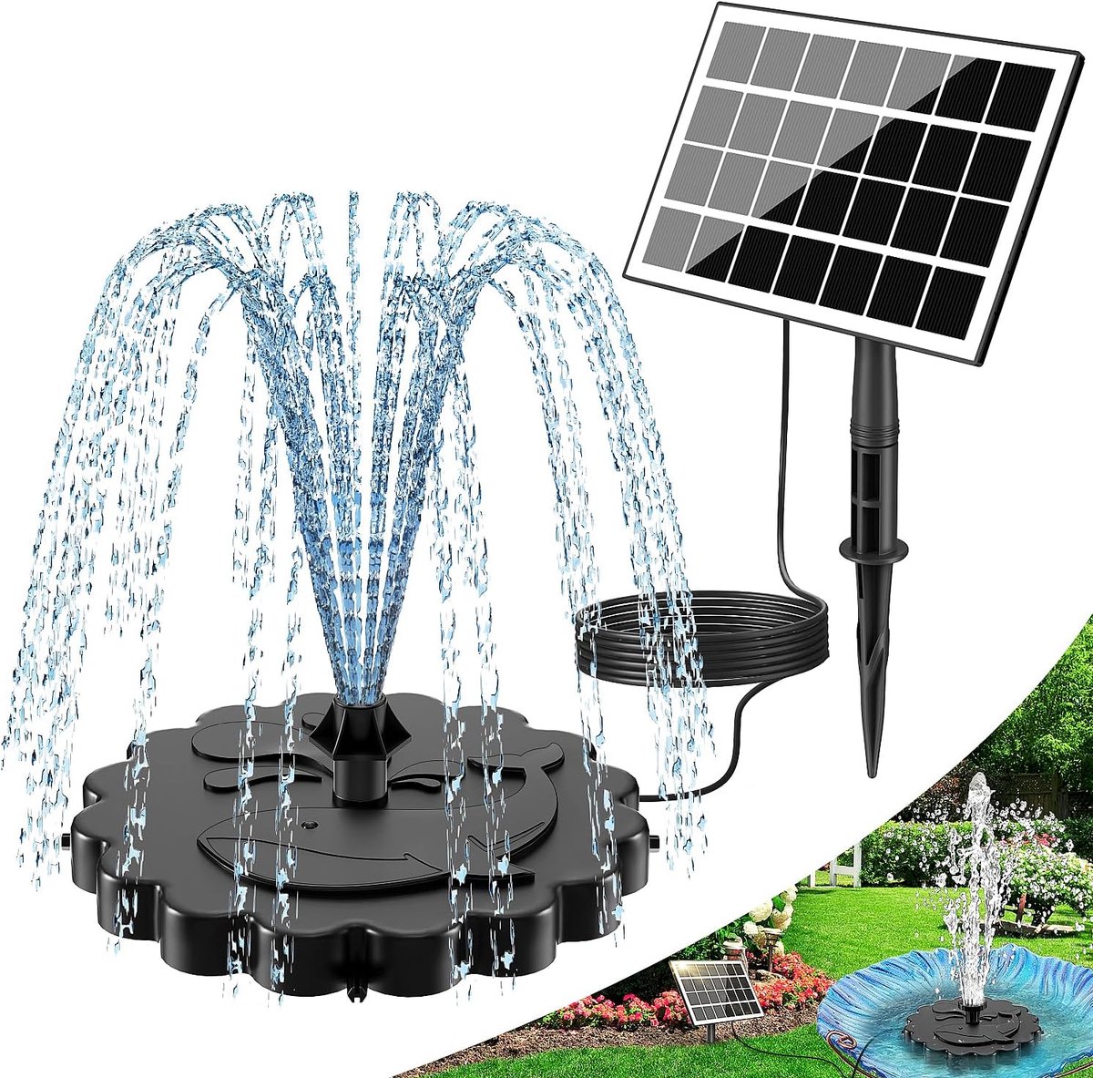 SnelShoppen - SZMP 3.5W Zonnepomp, Volglas Paneel, Waterpomp Set met Grondpen en 4 Anti-Drijfstangen, 3m Kabel, 8 Mondstukken voor Vogelbad, Tuin, Ach