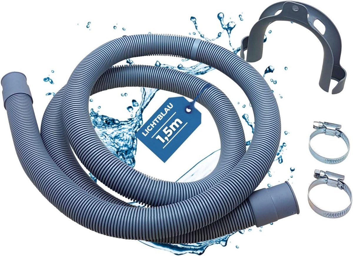 SnelShoppen - Lichtblauwe Afvoerslang Voor Wasmachine en Vaatwasser - 1,5 m Compleet Set met Beugel en Slangklemmen - Universeel Gebruik, Waterafvoer